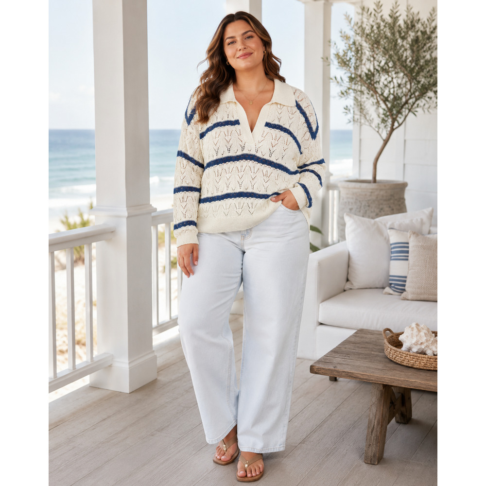 Womens Open Knit Top XL Striped Collared Preppy Coastal Boho Resortwear Shabby